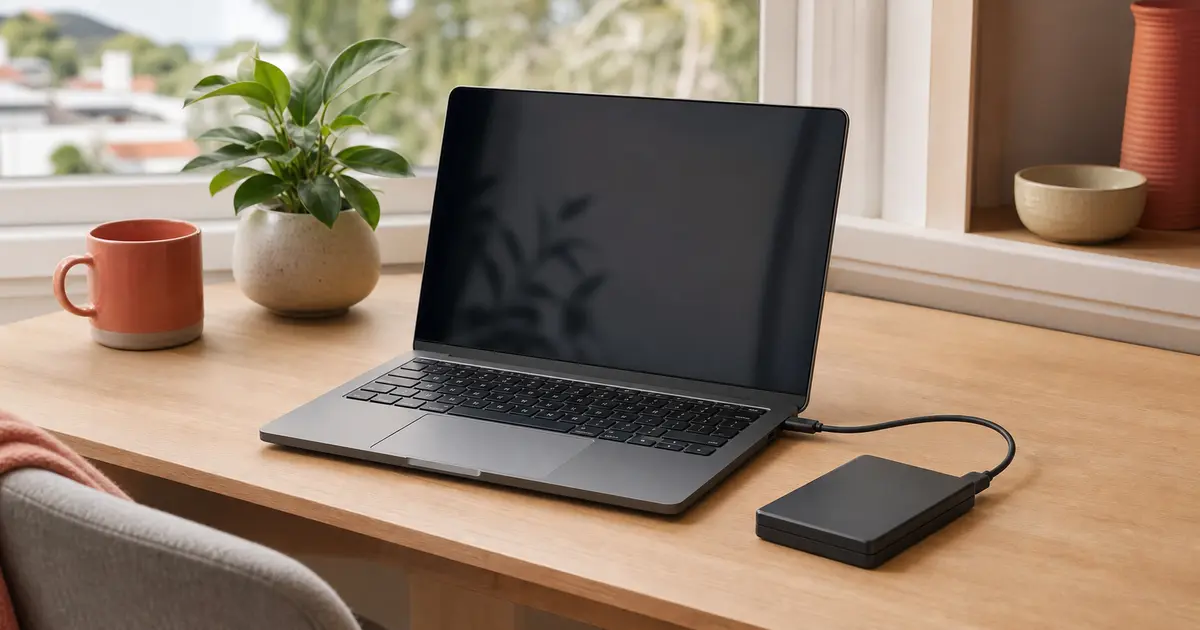 A laptop and external backup drive arranged on a tidy home desk