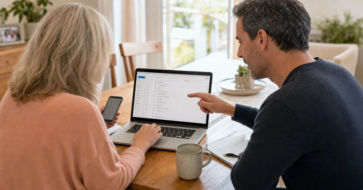 A homeowner using a laptop and phone while a technician explains the email screen