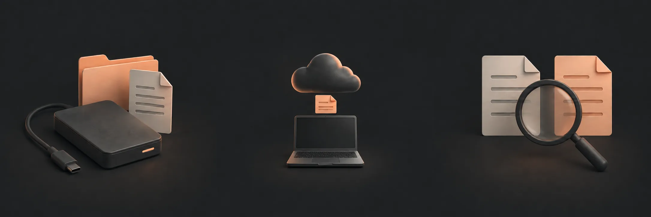 An external drive beside a folder and document.
