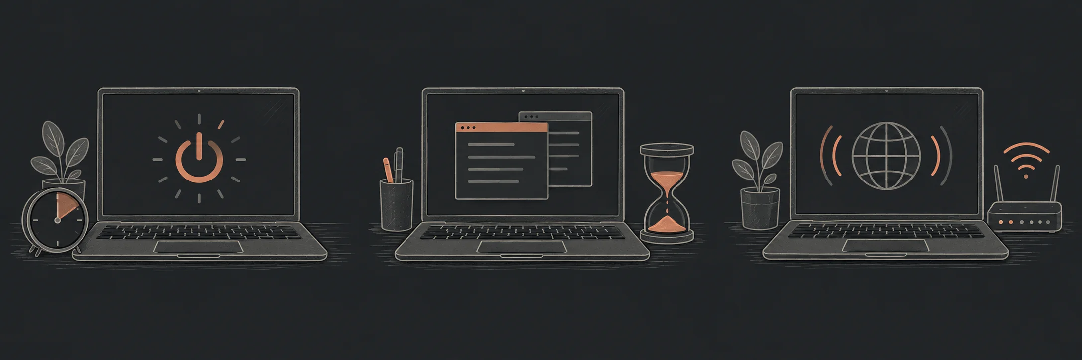 A laptop powering on beside a clock.
