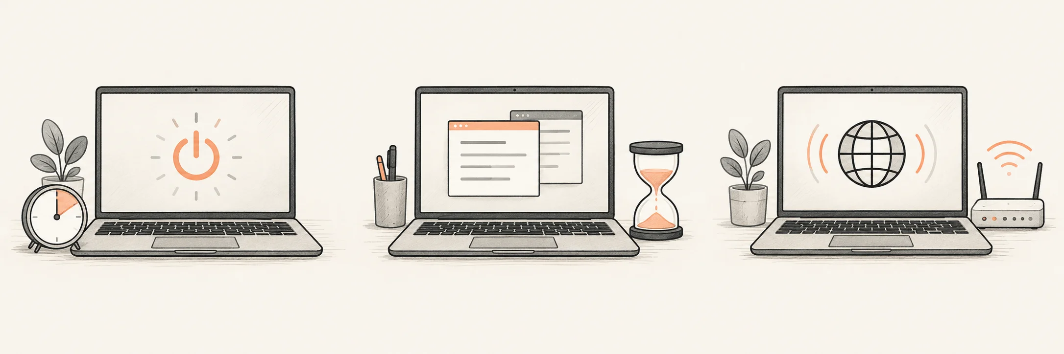 A laptop powering on beside a clock.
