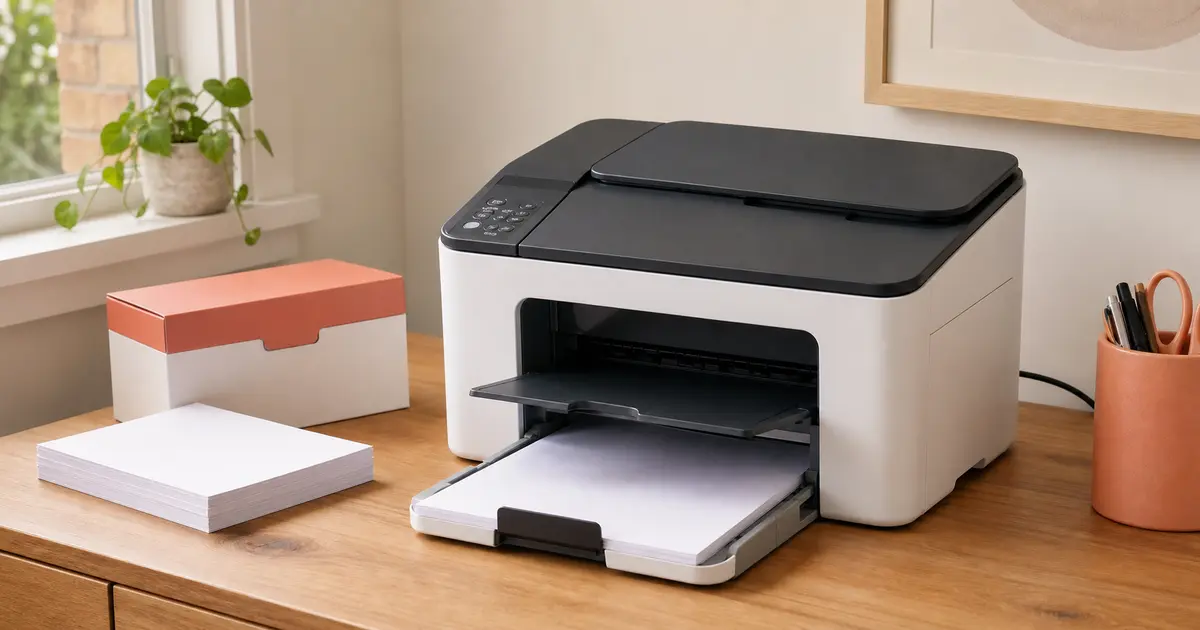 A new compact multifunction printer with paper ready on a tidy home-office surface