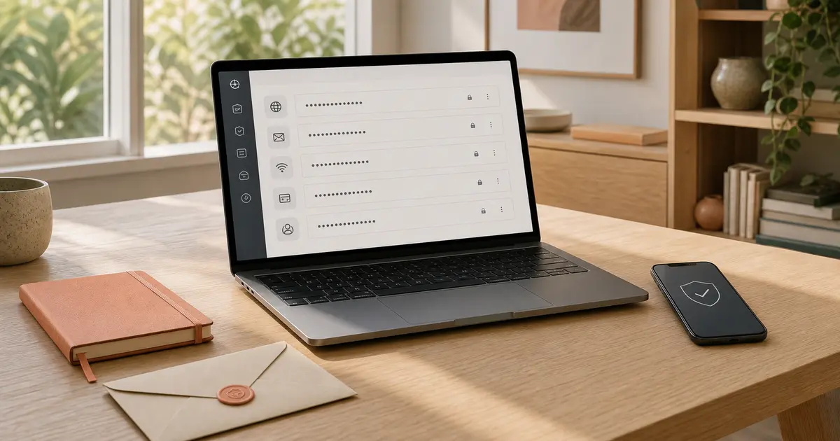 An open laptop with masked password entries beside a phone, closed notebook and sealed recovery envelope on a warm home-office desk