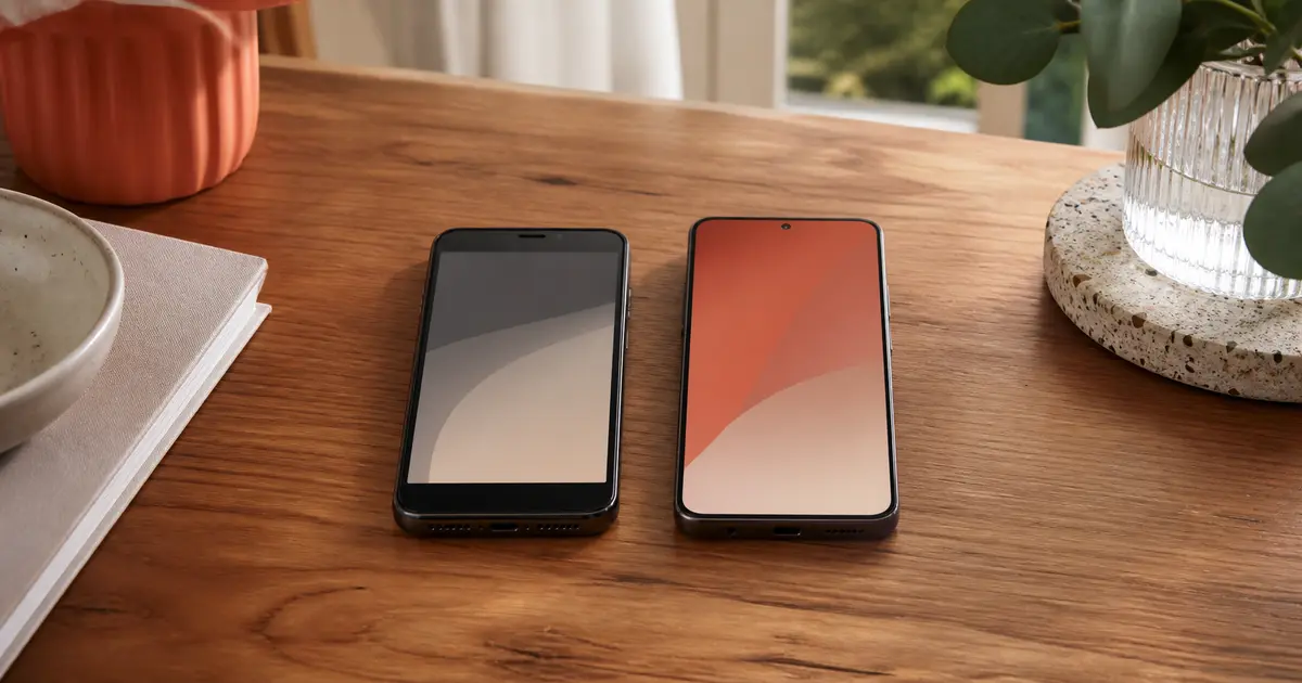 An old and a new mobile device together on a tidy home table