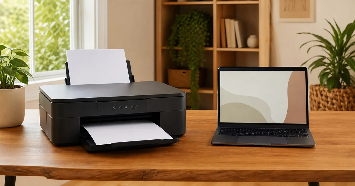 A technician checking a household printer beside a laptop in a bright home