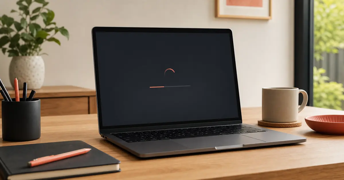 A laptop being checked in a calm, tidy home workspace